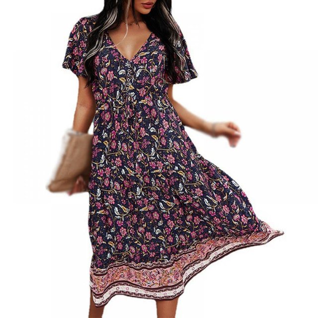 MesaSe Femmes Boho Floral Imprimé V Cou Wrap Robes Manches Courtes Plage Casual Maxi Robe Longue