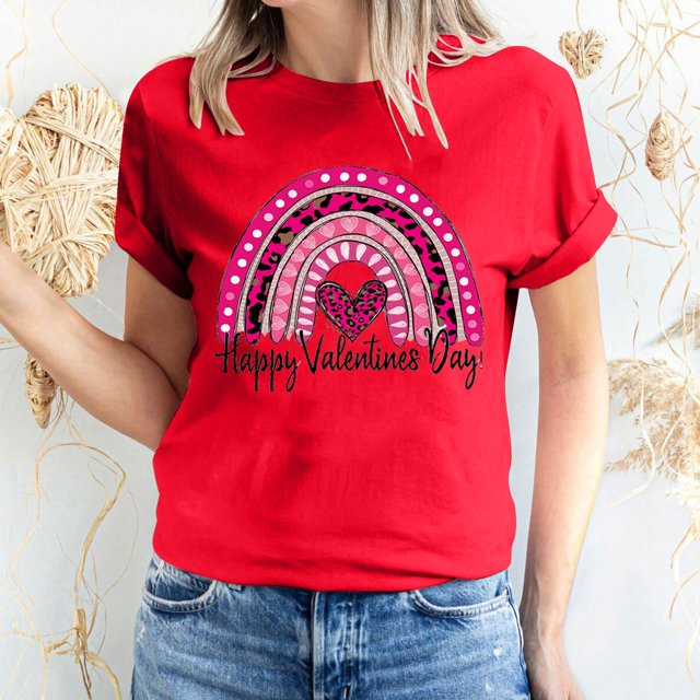 Meichang Hauts pour Femmes Tendance T-Shirt de la Saint-Valentin Hauts Mignons Imprimé Cœur Hauts de Fête Manches Courtes Décontracté Col Rond Chandail T-Shirts Blouses