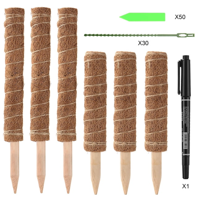 LIVINGbasics Moss Pole Plant Support set with 6 coir totem poles in 15.7-inch and 12-inch sizes, ideal for climbing plants like Monstera and creepers. Includes 30 zip ties, 50 plant labels, and 1 black marker pen. Poles are crafted from durable coconut shell moss fibers with pointed wooden bases for easy soil insertion. Suitable for indoor and outdoor use, these garden stakes can be extended as plants grow.