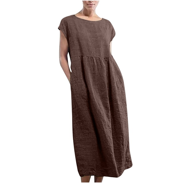 TopLLC Robes d'Été pour Femmes, Robe Maxi pour Femmes, Coton Col Rond Uni Sans Manches Col Rond Rétro Grande Taille Robes d'Été, Robes d'Été pour Femmes