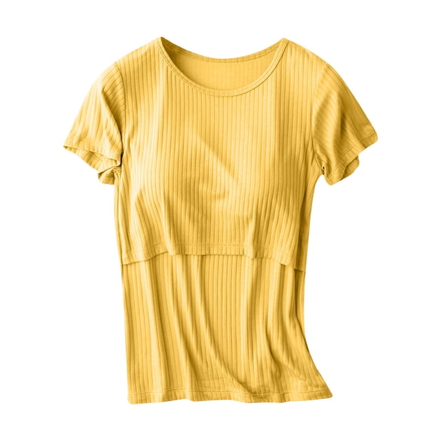 Penkiiy T-Shirts d'Allaitement pour Femmes, Manches Courtes, Col Rond, T-Shirts, Blouse Multifonction, Chemise Post-Partum Unie, Jaune, pour 2TG