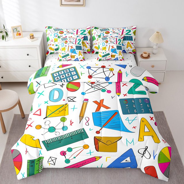 School Supplies Bed in a Bag King 7 Pieces,Mathematical Symbol Comforter Set Reversible Study Article School Design,Ultra Soft & Breathable Bedding Sets with Comforter,Sheets,Pillowcases & Shams