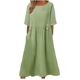 thumbnail image 1 of XZNGL Robe d'Été pour Femmes Aguichant Robe de Printemps et d'Été pour Femmes Col Rond Uni Coton et Lin Décontractée avec Poches Robe à Manches Courtes Robe d'Été pour Femmes avec Manches, 1 of 7
