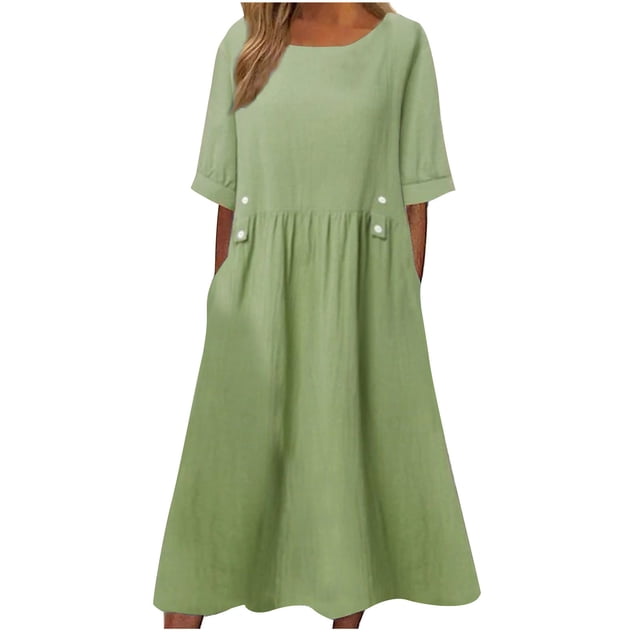 XZNGL Robe d'Été pour Femmes Aguichant Robe de Printemps et d'Été pour Femmes Col Rond Uni Coton et Lin Décontractée avec Poches Robe à Manches Courtes Robe d'Été pour Femmes avec Manches