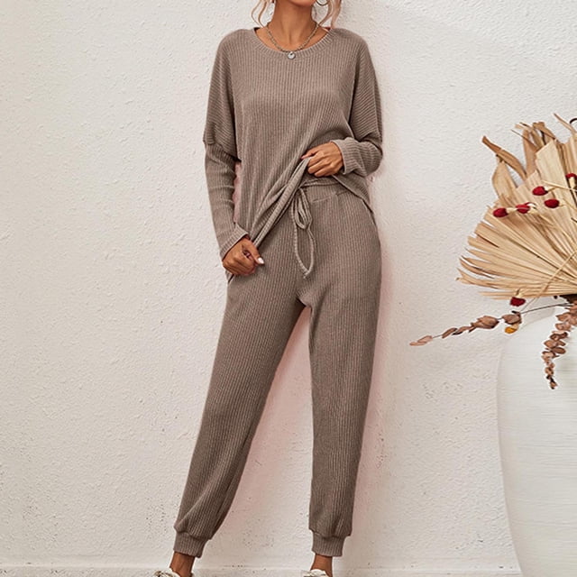 Meichang Women's Pajama Set 2 Piece Lounge Set Ribbed Knit Crew Neck Long Sleeve Pullover Tops Jogger Pants Set Fall Outfits Running Workout Sets Matching Tracksuit