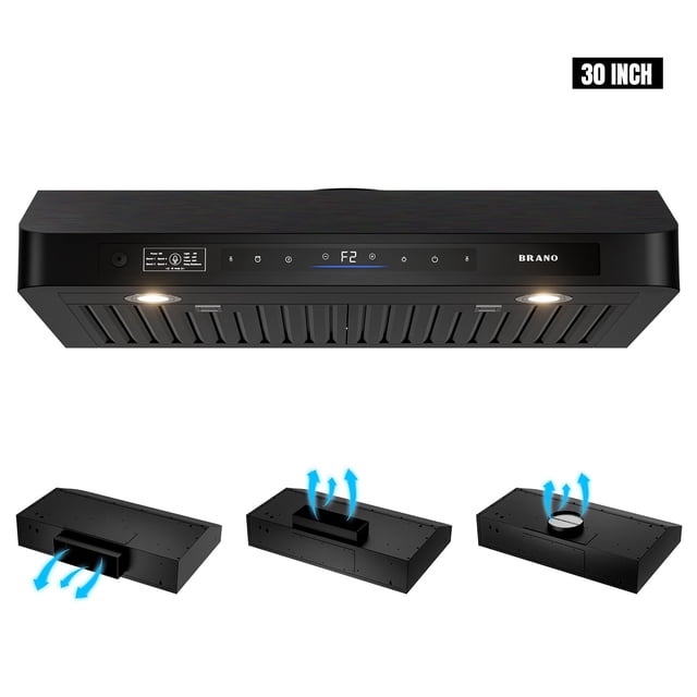 30-inch 900 CFM ducted under cabinet range hood in black stainless steel by BRANO, featuring dual ultra-quiet motors, 4-speed exhaust fan, and advanced voice, gesture, and touch controls. The range hood includes a dishwasher-safe filter, two LED lights, and a modern brushed stainless steel finish. It offers a 3-minute delayed shut-off function and a 15-minute adjustable timer for flexible cooking needs. The image shows the front view with control panel and lighting, along with diagrams of venting options.