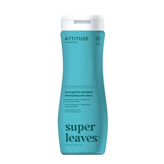 ATTITUDE super leaves Extra Gentle Shampoo unscented 473 mL bottle with a turquoise curved plastic body and white flip-top cap, formulated with 98.2% naturally sourced ingredients including blueberry leaves extract to soothe dry scalp, vegan and dermatologically tested for gentle hair care and scalp protection.