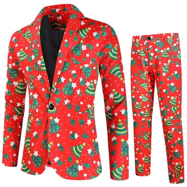 TIMIFIS Mens Christmas 2 Piece Print Suit Floral Partys Dress Jacket Slim 2 Button Blazer PantsFall