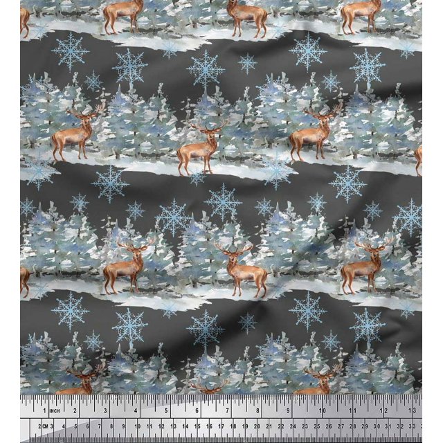 Soimoi Gray polyester Crepe Fabric Reindeer & Snowflakes Tree Print Fabric by the Yard 42 Inch Wide