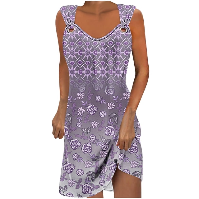 Penkiiy Robes pour Femmes 2024 Imprimé Marbre Col Rond Décontracté Sans Manches Robe à Bretelles Robe d'Été Babycon Sortie Décontractée Robes de Fête L Violet