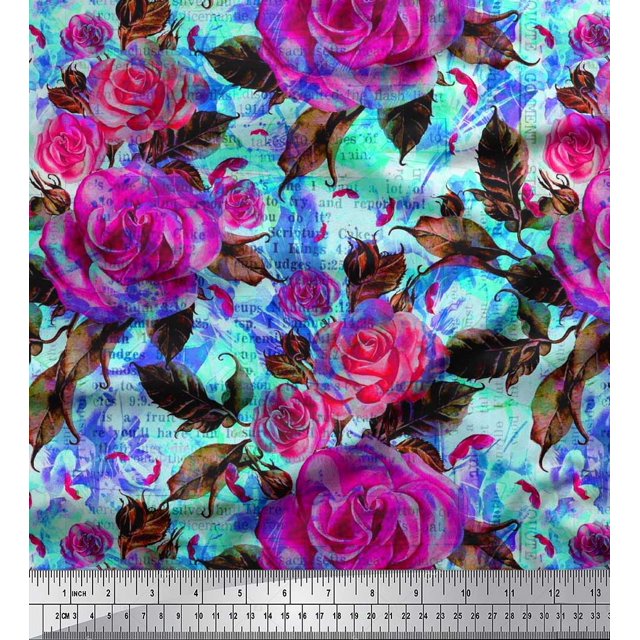 Soimoi polyester Crepe Fabric Leaves & Rose Flower Print Sewing Fabric Yard 42 Inch Wide