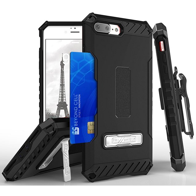 Case with Clip for iPhone 8 Plus, Black Tri-Shield Rugged Cover and Belt Hip Holster featuring reinforced corners, kickstand, card wallet slot, and detachable lanyard strap. Compatible with iPhone 7 Plus and iPhone 8 Plus. This rugged case offers military-grade protection, a mobile wallet feature, and a custom belt clip for secure carrying.