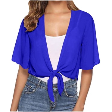 Timegard Shrugs for Dresses Summer Lightweight Chiffon 1/2 Sleeve Front Tie Crop Top Beach Flowy Cardigan