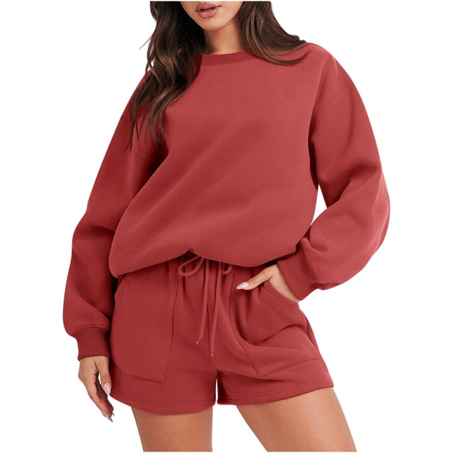IROINNID Survêtement pour Femmes Ensemble 2 Pcs Rabais Blouse à Col Rond Hauts à Manches Longues Chandail Shorts Ensemble Décontracté Ensemble de Jogging, Rouge