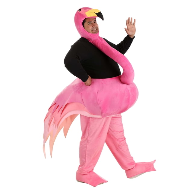 Costume Flamingo Élégant Grande Taille Mettant en Vedette un Corps en Velours Rose Vif avec un Anneau en Plastique flexible pour une Silhouette Dodue, des Couvre-Chaussures en Mousse Attachés et une Taille Élastique. la Capuche Comprend un long Cou Flamingo Rembourré et un Bec Doux Sculpté avec des Détails Brodés. Conçu pour le Confort avec un Tissu 100 % polyester et une Taille Élastique dans le Pantalon.