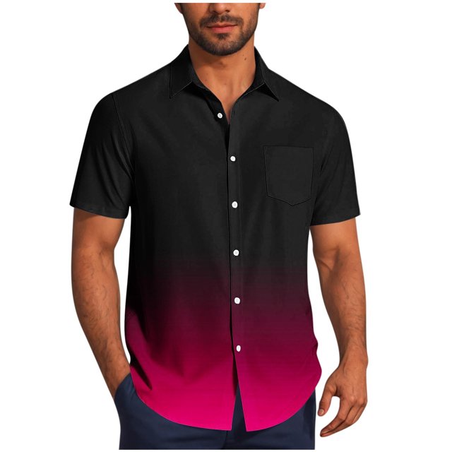 Pisexur T-shirts pour Hommes, Mode Décontractée Col Rabattu Impression Dégradée Manches Courtes Chemise Boutonnée Blouse Rose Vif, Chemises de Golf 4TG Hommes & Chemises Hommes
