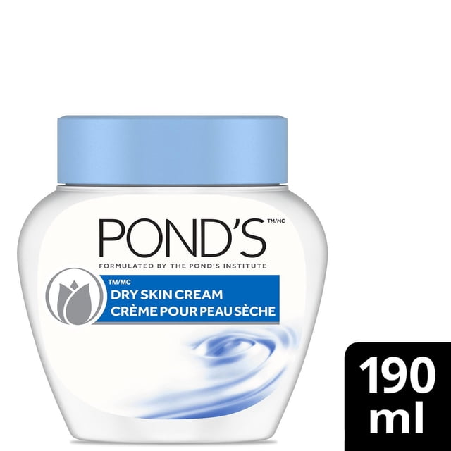 Pond's Dry Skin Cream facial moisturizer in a white rounded jar with a light blue lid, labeled for deep hydration and suitable for dry skin, featuring bilingual English and French text and a 190 ml volume.