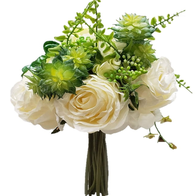 Succulent Bouquet with Roses, White is a 13-inch hand-tied mixed bouquet of white roses, green succulents, ferns, and berries with bendable wire stems covered in plastic, suitable for bridal or special events and home décor.