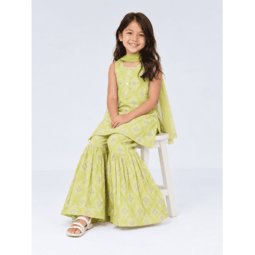 DWEEP SARA Ensemble de Costume Sharara pour Filles Perroquet Vert Lime avec Miroir Exquis et Broderie à la Main, 6M-1(16)