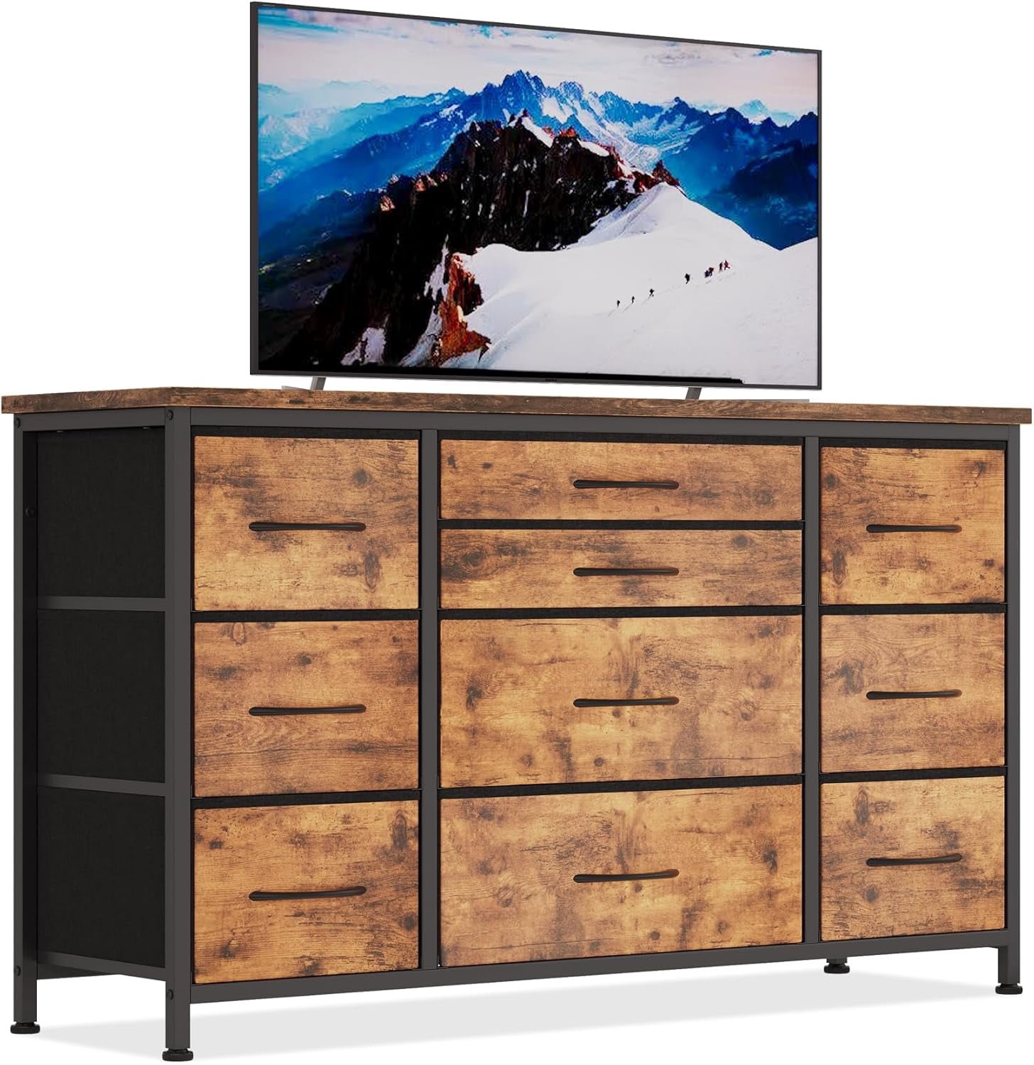 55" TV Stand with Power Outlet, 10-Drawer TV Stand, for Bedroom, Wood Tabletop for Guest Room, Closet, Entryway，Brown