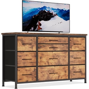 55" TV Tenez-vous avec Power Outlet, 10-Drawer TV Stand, pour Chambre, Table en bois pour Chambre d'hôtes, placard, Entrée, Brun