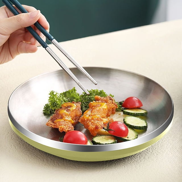 Stainless Steel Plate Set, Insulated Dinnerware with Chopsticks Spoon, Heat Resistant Food Tray, Dishwasher Safe Metal Tableware, Modern Kitchen Dining Utensils for Home