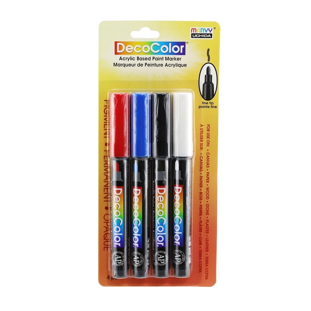 MARVY UCHIDA® DECOCOLOR® Marqueur de Peinture Acrylique Ensemble de 4 Pcs à Pointe Fine avec Marqueurs Opaques Rouges, Bleus, Noirs et Blancs à Pointes Fines, Idéal pour Toile, Papier, Bois, Pierre, Plâtre, Cuir et Terre Cuite, Sans Acide, Non Toxique et permanent à Sec, Convient aux Projets Scolaires et aux Bricolages Extérieurs.
