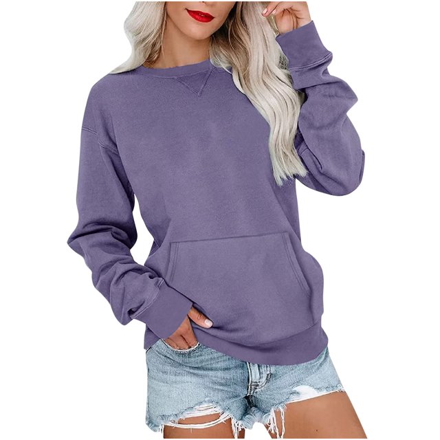 Pulls à Manches Longues pour Femmes Blouses à Manches Longues Mode Féminine Solide Ample Col Rond Blouse à Manches Longues avec Poche Pull Blouses à Manches Longues pour Femmes Hauts à Manches Longues