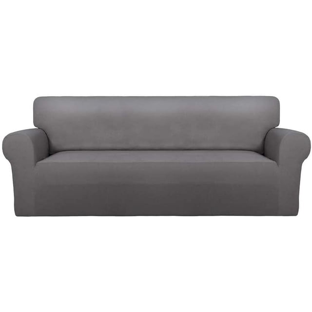 Super Stretch Chair Sofa Slipcover in a neutral grey tone, made of spandex fabric with a non-slip elastic bottom and foam anchors. Washable furniture protector designed to fit snugly on a two-seater sofa, providing protection against daily wear, pet scratches, and spills.
