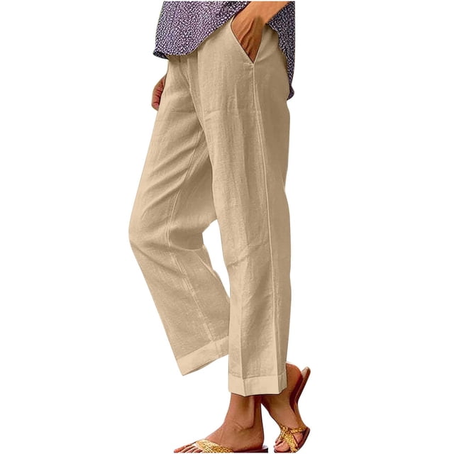 Dealovy Womens Cotton Linen Pants Plus Size Elastic High Waisted Solid Color Lightweight Summer Trousers