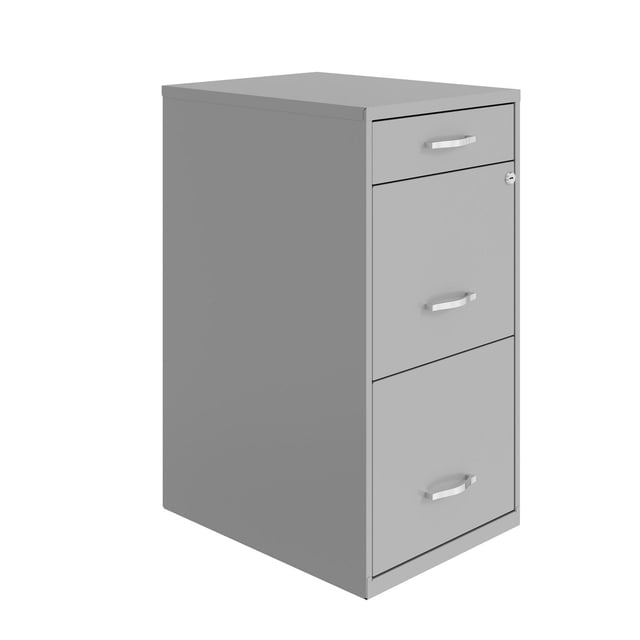 Space Solutions 18 inch deep 3 drawer metal organizer file cabinet with pencil drawer in arctic silver, front 3/4 view showing two letter-size file drawers with high sides and a top pencil drawer with cam lock, painted steel surface for easy cleaning, ideal for compact office storage.