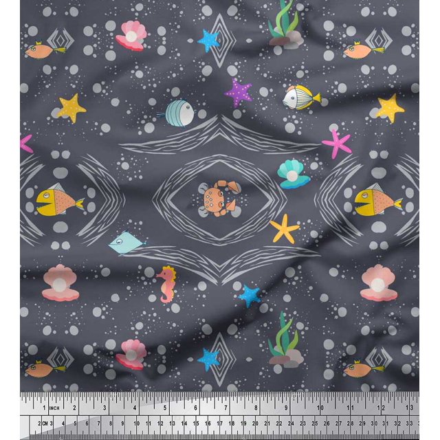 Soimoi Cotton Duck Fabric Fish,Shell & Starfish Ocean Fabric Prints by Yard 42 Inch Wide