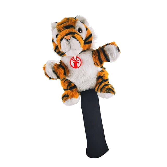 Golf Club Plush Head Cover Animal Wood Driver Head Cover Replacement Protective Tigers. A tiger-shaped plush headcover with orange and black stripes, white accents, and a soft texture. Designed to protect golf club heads, it features a black sleeve for secure attachment. Ideal for woods and drivers, adding personality to golf bags. Often used as a fun golf accessory for gifting or personalizing golf gear.