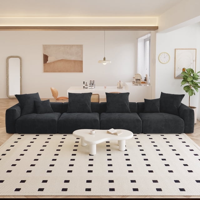 The Magic Home Canapé Sectionnel Modulaire Convertible en Velours Côtelé à 4 Places, Noir
