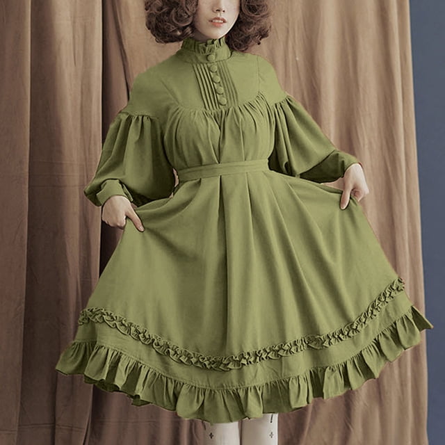 TIMIFIS Renaissance Robe Femme Robe à Manches Longues Ample à Col Montant en Dentelle à Manches Lanterne Mignonne Petite Robe Costumes d'Halloween pour Femme