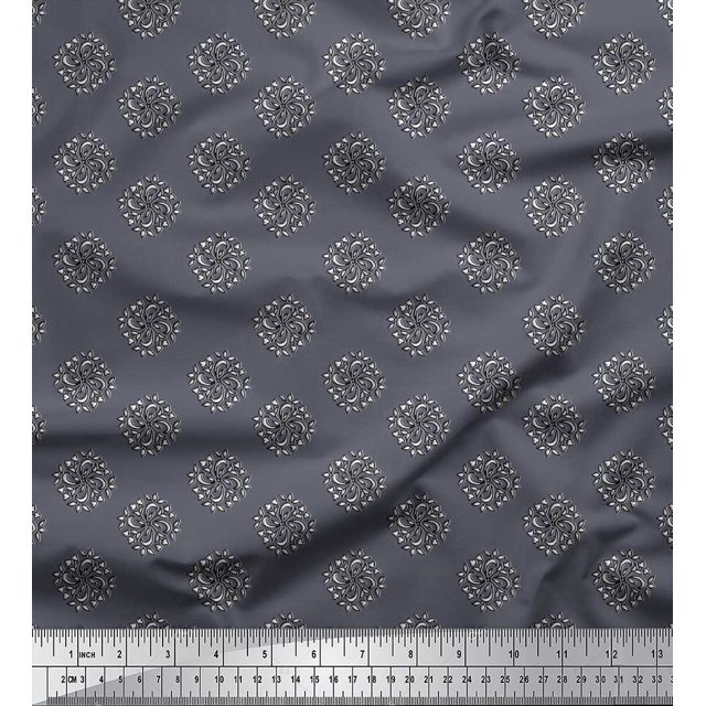 Soimoi Polyester Crepe Fabric Floral Block Printed Fabric 1 Yard 52 Inch Wide