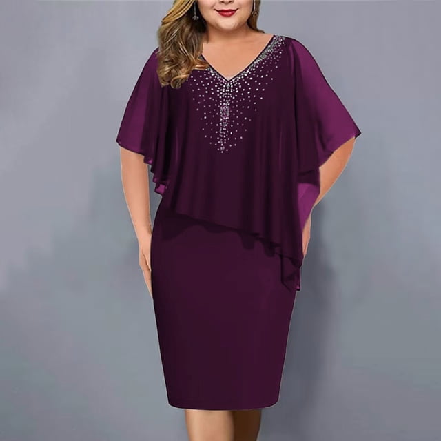 Meichang Robes Formelles pour Femmes Invitées de Mariage Robe Midi Grande Taille Robes en Mousseline Robe de Soirée Robe de Bal Élégante Robes à Col en V. Cette Robe Violet Foncé Présente une Encolure en V avec des Ornements Étincelants, une Superposition en Mousseline Superposée et un design Ajusté Longueur Midi. Idéale pour les Événements Formels comme les Mariages, les Bals Ou les Soirées.
