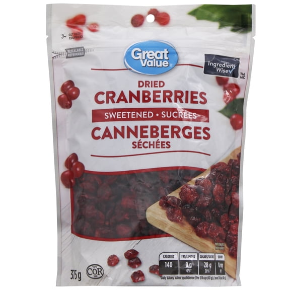 Canneberges séchées sucrées Great Value 375g