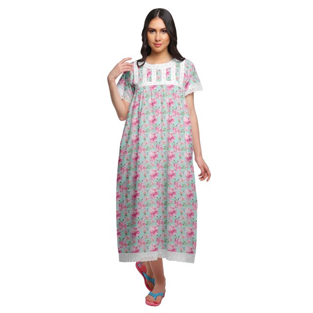 Moomaya Printed Nightdress For Ladies Cotton Ruffled Border Nursing Night Gown