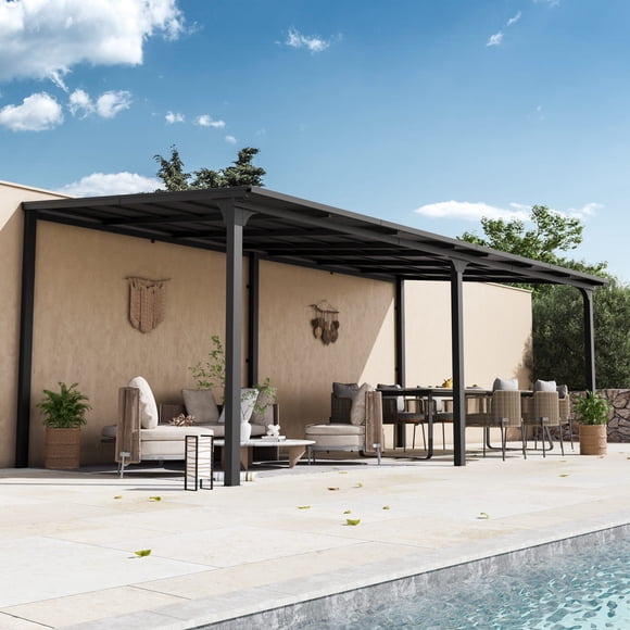 Modern Shade 10'x20' Lean-to Hardtop Gazebo, Wall Mounted Galvanized Steel Roof with Drainage Gutter, Heavy Duty Pergola for Patio Deck Garden