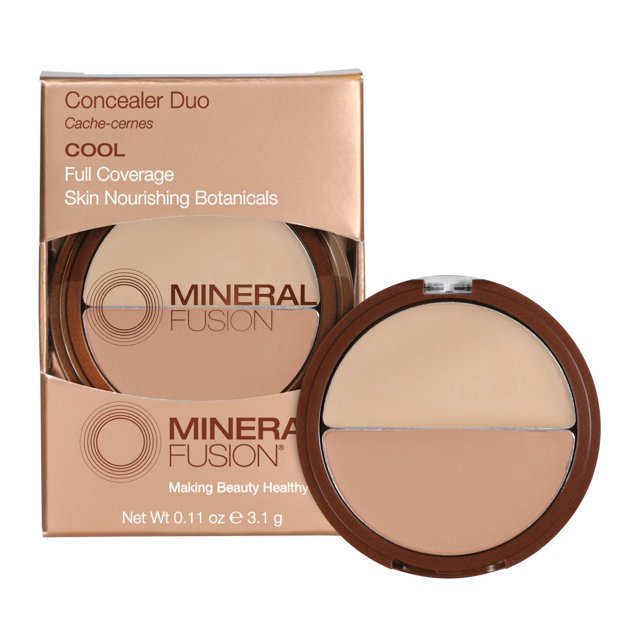 Mineral Fusion Duo de Cache-Cernes à Teinte Fraîche, un compact Rond avec Deux Teintes de Cache-Cernes à Couvrance Totale pour Illuminer les Yeux et Couvrir les Imperfections, Enrichi de botanicals Nourrissants pour la Peau, Montré avec Sa Boîte d'Emballage beige et Brune.
