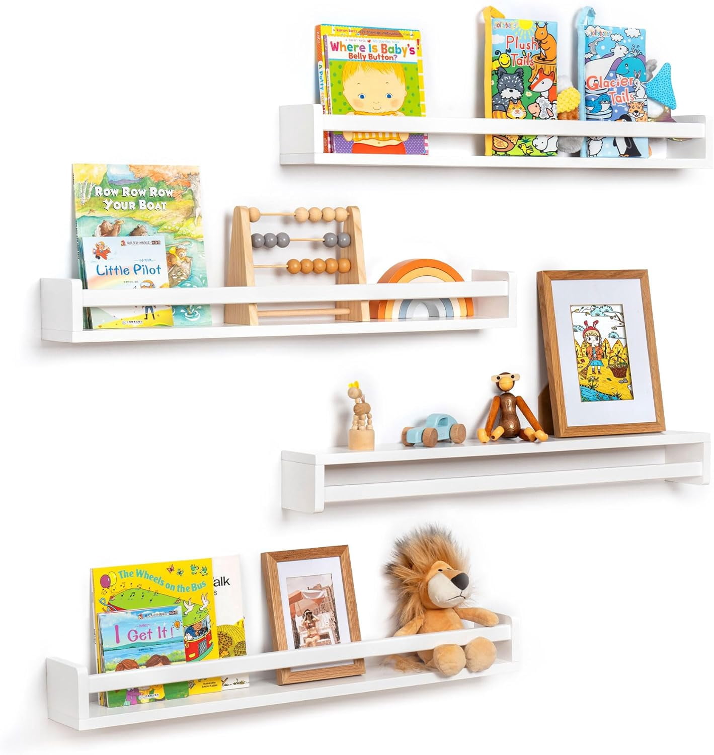 Fun Memories Nursery Book Shelves - Rustic Natural Solid Wood Floating Bookshelf for Kids - Wall Book Shelves for Kids Room, Home Decor - Kitchen Spice Rack Shelf Set of 4 - White - 32 Inch