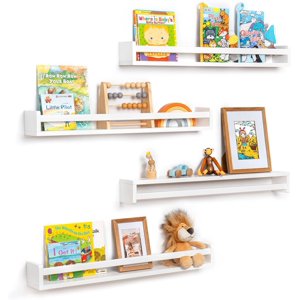 Fun Memories Étagères du livre des pépinières - Bibliothèque flottante en bois massif naturel rustique pour enfants - Tables murales pour enfants, décoration maison - Étagère en rack d'épice de cuisine Ensemble de 4 - blanc - 32 1 cm