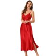 thumbnail image 1 of INSPIRE CHIC Nuisette d'Halloween en Satin pour Femme, Col en V, Sans Manches, Maxi Chemise de Nuit avec Bretelles Spaghetti Ajustables et Détail Plissé, Robe de Détente Soyeuse, Rouge Moyen, 1 of 5