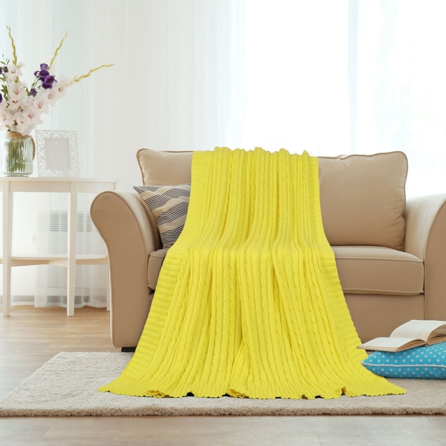 Cotton Blanket Decorative Cable Knitted Throw Soft Knit Blankets Yellow Throw(47" x 70")