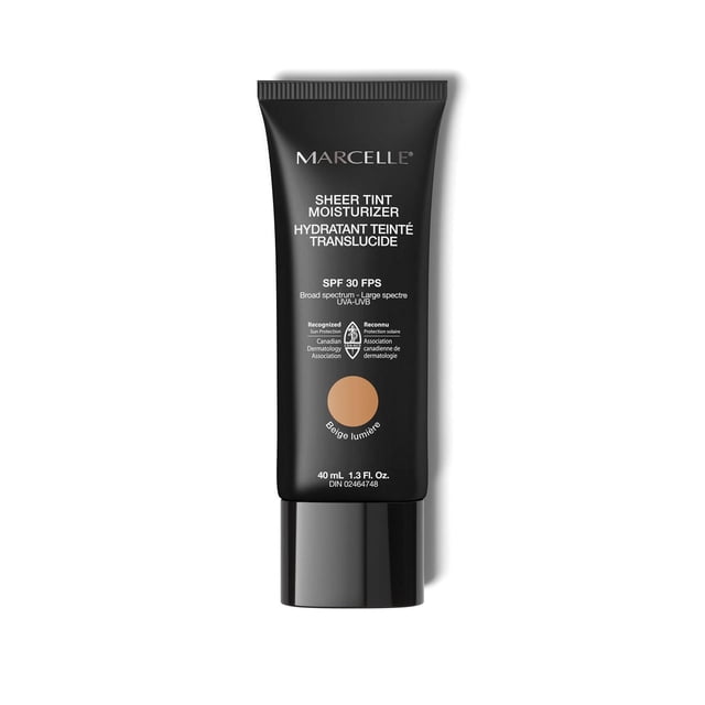 Marcelle Sheer Tint Moisturizer SPF 30, 40 ml in a black tube with beige shade labeled Beige Lumière, providing broad spectrum UVA-UVB protection and 24-hour hydration for a natural, radiant complexion, recognized by the Canadian Dermatology Association and ideal for daily sun protection.