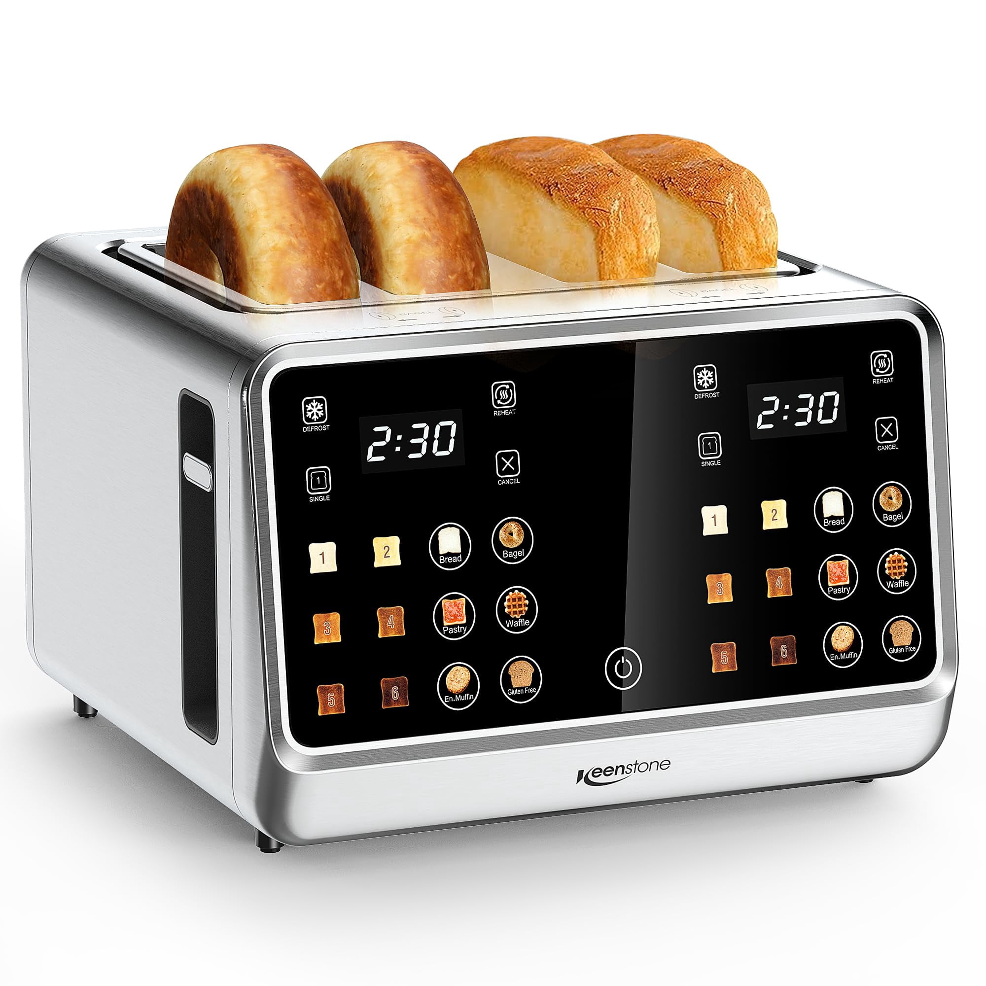Keenstone Toaster 4 Slice, Digital Smart Toaster with TouchScreen, Dual Control Panel, Single Slot Toasting, Timer, Reheat & Defrost for Bagels, Brea