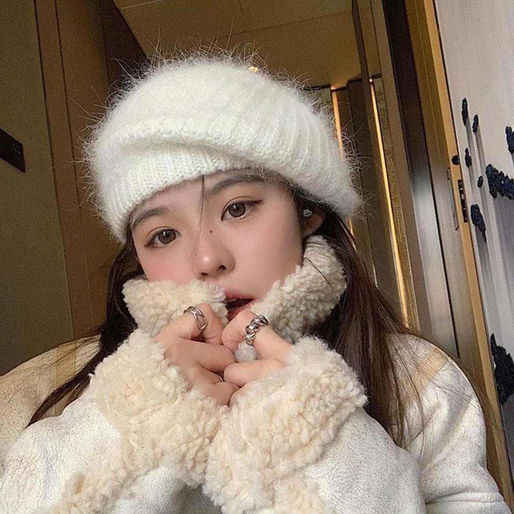 Women\'s Winter Knit Beret Hat Rabbit Hair French Warm Casual Beanie Hat White Angora Wool Knit Beret: Fluffy Fuzzy French Beanie - Etsy Canada main image 4