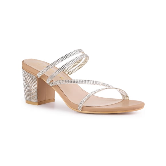 BLISSFUL STEP Women Rhines Block Heel Slide Sandals Nude 10