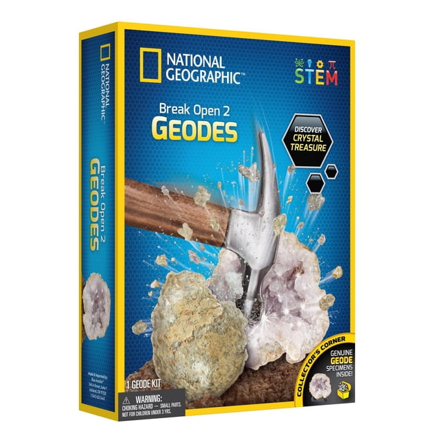National Geographic Trousse de 2 Géodes à Découper dans une Boîte Bleue et Jaune Montrant un Marteau Ouvrant une Géode pour Révéler des formations de Cristal Étincelantes, un Jouet de Géologie STEM pour Enfants de 8 Ans et Plus pour Explorer des Spécimens de Roche et la science des Cristaux.